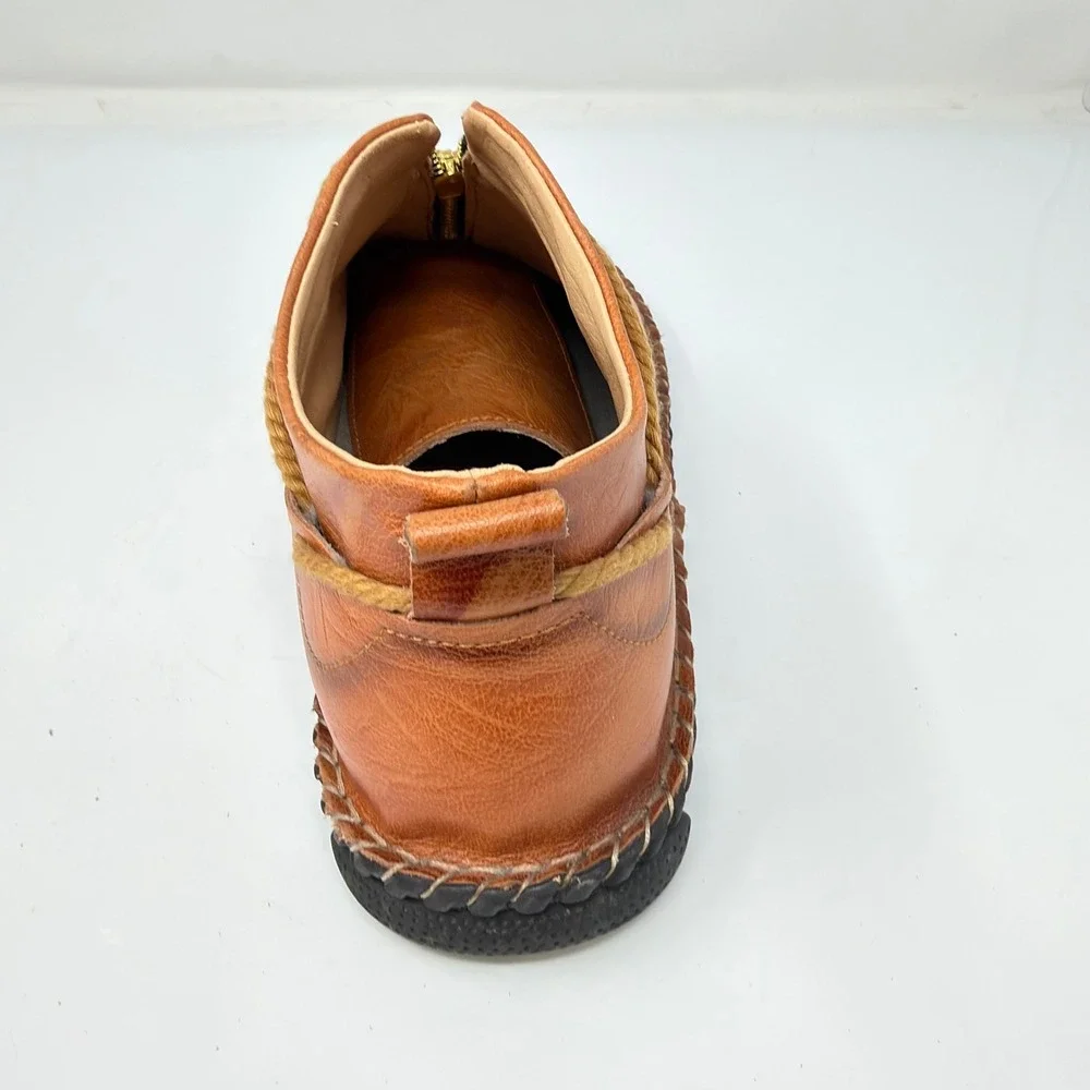 Vintage Brown Leather Front Zip Moccasin Ankle Boots Rope Accent Hand Stitched